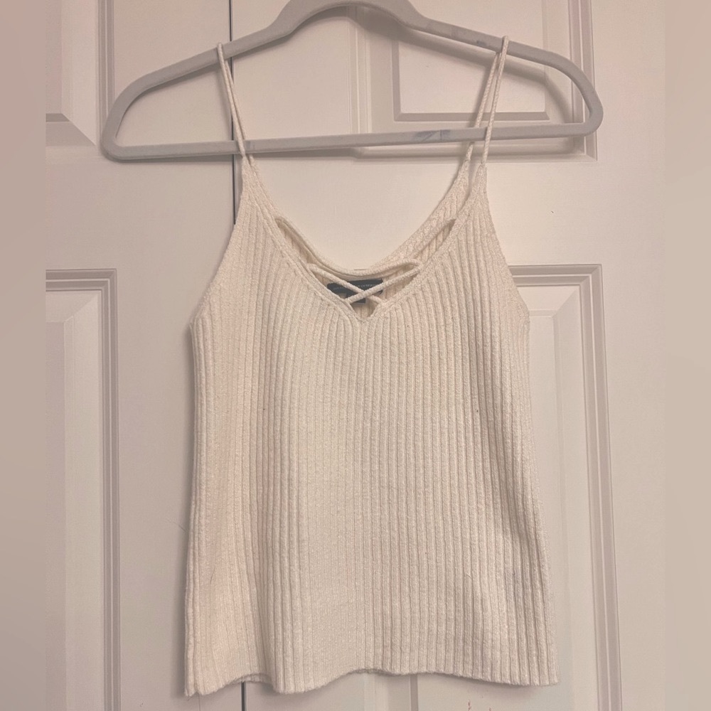 American Eagle White Ribbed Tank Top with Crossed Neckline